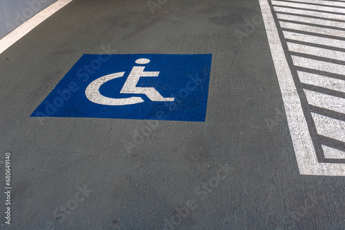 Parking space for people with disabilities (PCD) in Brazil. Vehicle parking space reserved for people with disabilities. © Andrea Cirillo Lopes