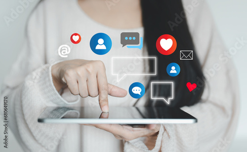 Social media and digital online concept, woman using smart phone. The concept of living on vacation and playing social media. Social Distancing ,Working From Home concept.