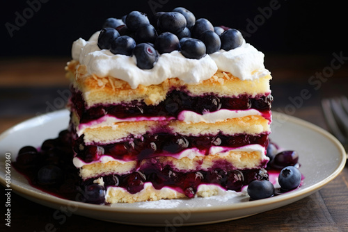 Sponge blueberry cake with whipped cream