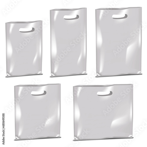 Exhibition promotional event plastic bag with die cut handles realistic vector mockup set. Blank white package realistic mock-up kit