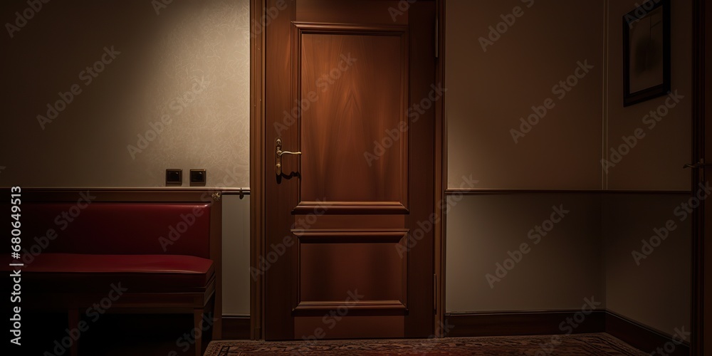 Fototapeta premium AI Generated. AI Generative. Inside interior indoor door at hotel room hall background wall. Graphic Art