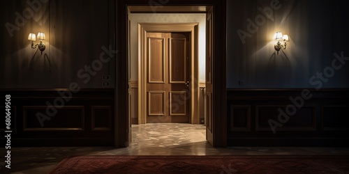 AI Generated. AI Generative. Inside interior indoor door at hotel room hall background wall. Graphic Art