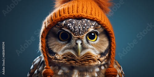 portrait of an owl,Charming Feathered Friend: Cute Owl with Scar and Hat.AI Generative 