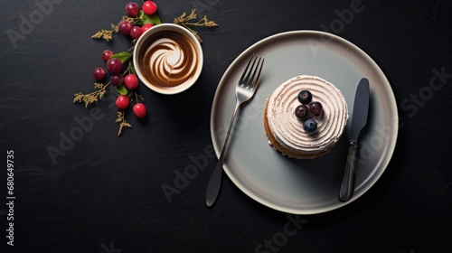  a piece of cake on a plate next to a fork and a cup of coffee on a plate with berries and a fork on a black background with red berries.