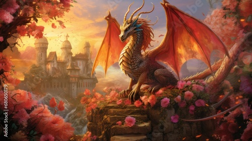  a painting of a dragon sitting on a rock in front of a castle with flowers in the foreground and a castle in the background with flowers in the foreground. © Anna