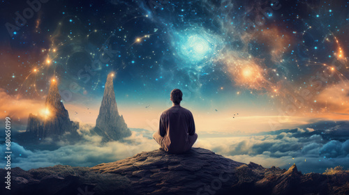 illustration of a man meditatiing on a mountain against a cosmic magig sky