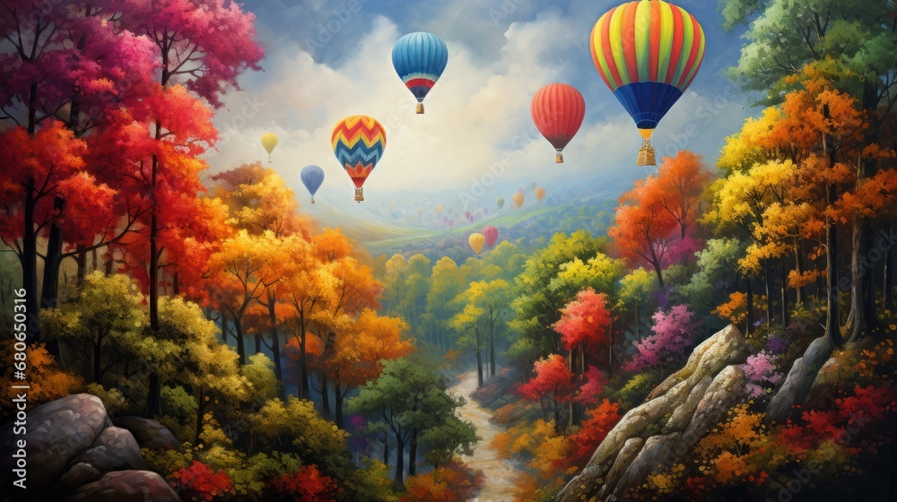 Fototapeta premium a painting of hot air balloons flying in the sky above a forest filled with colorful trees and a river running through the center of the painting is a colorful landscape.