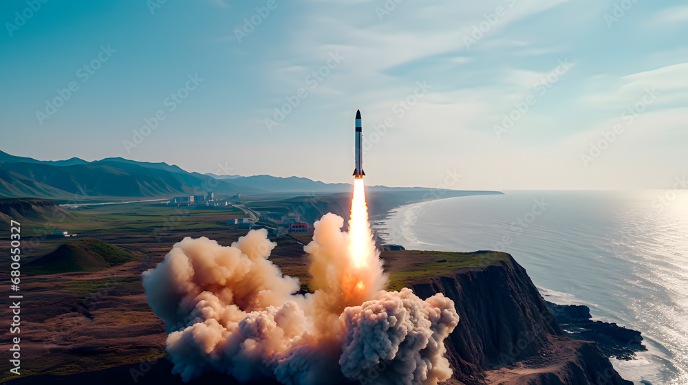 Liftoff of a space rocket from the launch pad located on the ground, on the coast