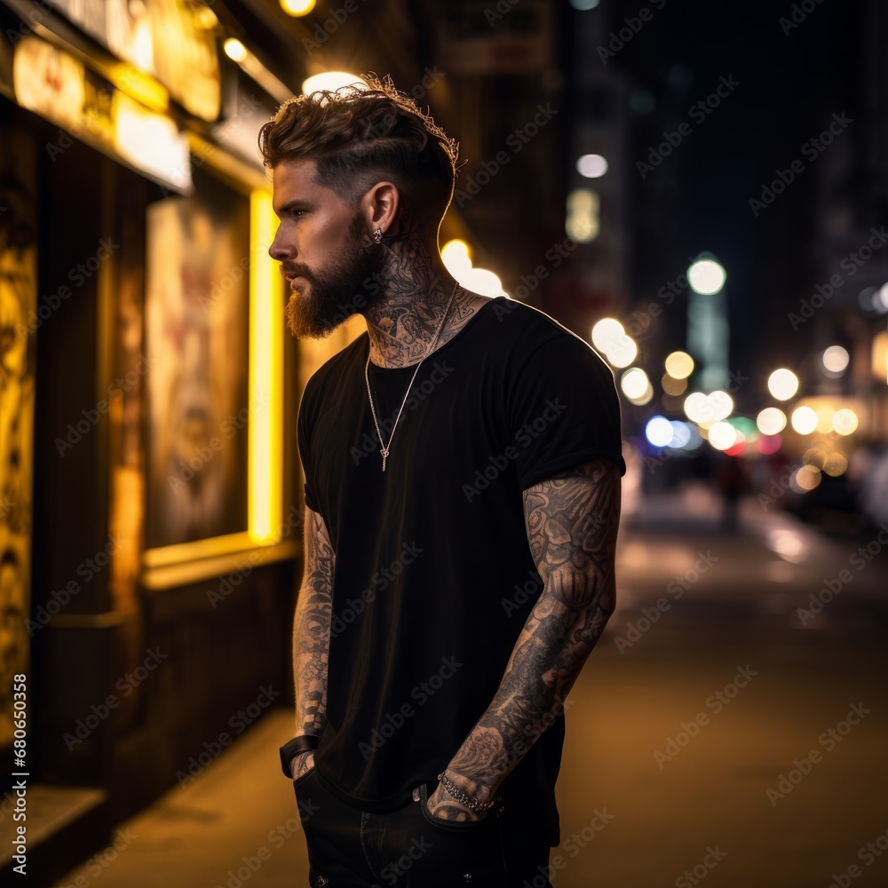 A Bearded Man With Tattoos Posing in Front of an Urban Building
