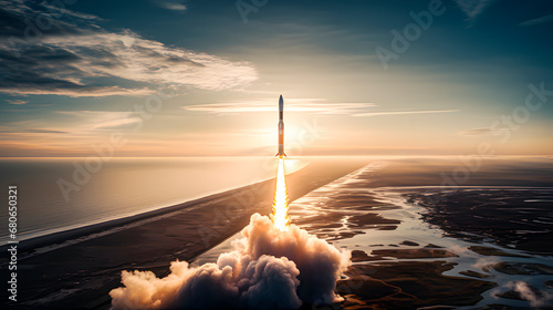 Liftoff of a space rocket from the launch pad located on the ground, on the coast photo