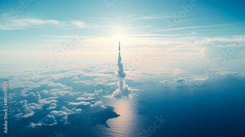Liftoff of a space rocket from the launch pad located on the water photo