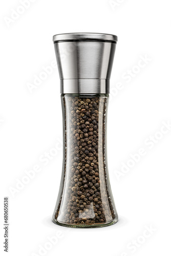 Black peppercorn mill or grinder isolated. Transparent PNG image. photo