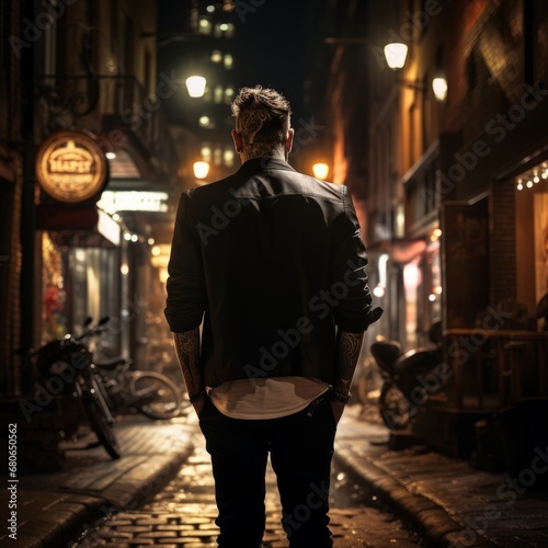 The Loneliness of the Urban Night: A Solitary Man Amidst the City Lights © Marius