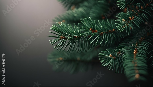 Trendy moody dark toned Christmas background featuring a close up of a green fir tree branch