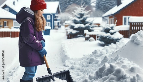 Portrait of a teenager shoveling snow on a suburban street in winter © ibreakstock