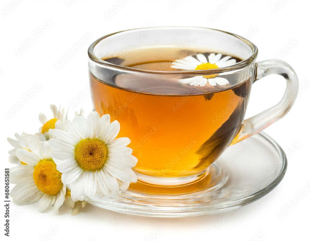 Chamomile tea isolated on white background, cutout 