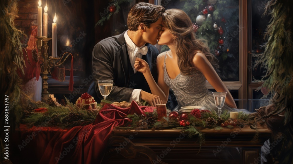  a painting of a man and a woman kissing in front of a table with a christmas tree in the background and a lit candle in the middle of the table.