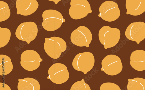 Chickpeas seamless pattern on brown background. Garbanzo beans backdrop. Ingredient for hummus, falafel and other vegetarian food. Vegan protein source. Legumes cartoon wallpaper. 