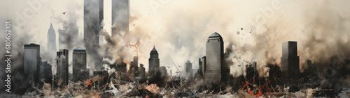 In a haunting watercolor, towering skyscrapers sink into debris, a horrifying scene of devastation. Once majestic, now rubble, depicted with somber brushstrokes, conveying overwhelming destruction.