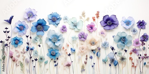 Beautiful abstract assorted pressed multicolored flowers. Seamless floral pattern on a plain background. Great as vectors, wallpaper or background. Generative AI, AI