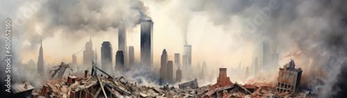 In a haunting watercolor, towering skyscrapers sink into debris, a horrifying scene of devastation. Once majestic, now rubble, depicted with somber brushstrokes, conveying overwhelming destruction. photo