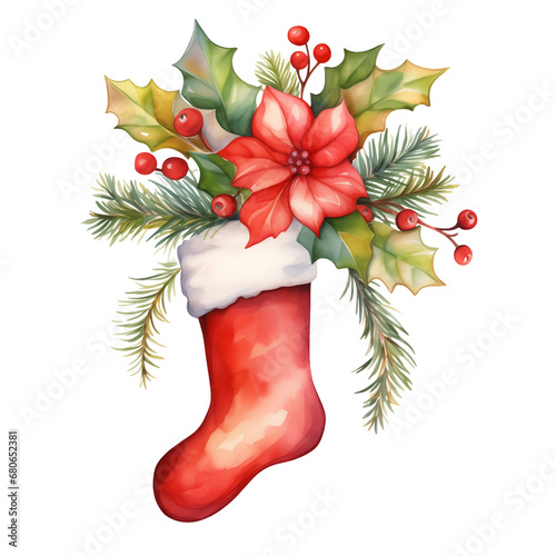 watercolor Christmas stocking adorned with poinsettia and festive foliage on an isolated background