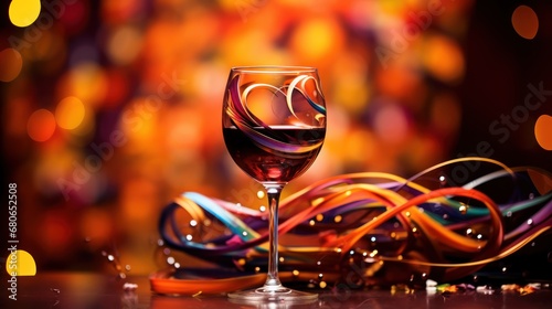  a glass of wine sitting on top of a table next to a bunch of streamers of streamers of colored streamers and a blurry in the background.