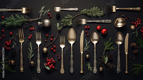  a collection of forks, spoons, spoons and spoons decorated with holly, berries, pine cones, and silverware on a black background with red berries and silverware.