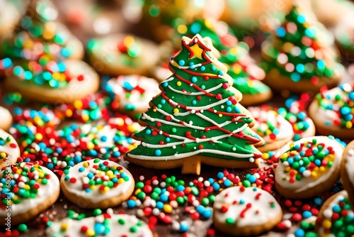 Picture a macro shot of a Christmas tree-shaped cookie covered in colored sprinkles photo