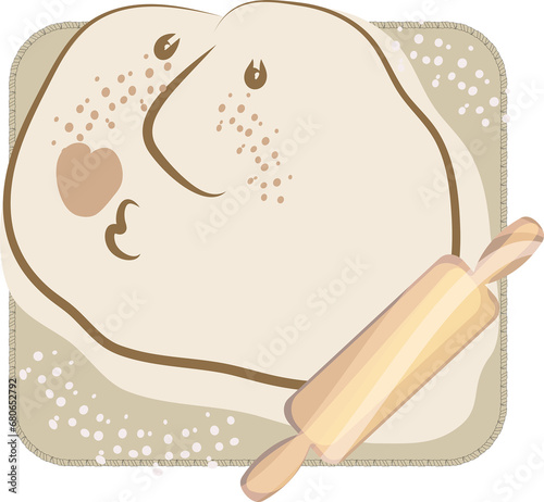 Roll out the dough. Knead the dough. A character from the test. Cook from flour and make dough. Knead with a rolling pin. Homemade food and cooking pies and pizza. Rolling pin, board, flour.