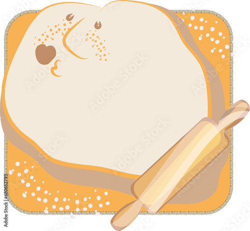 Roll out the dough. Knead the dough. A character from the test. Cook from flour and make dough. Knead with a rolling pin. Homemade food and cooking pies and pizza. Rolling pin, board, flour.