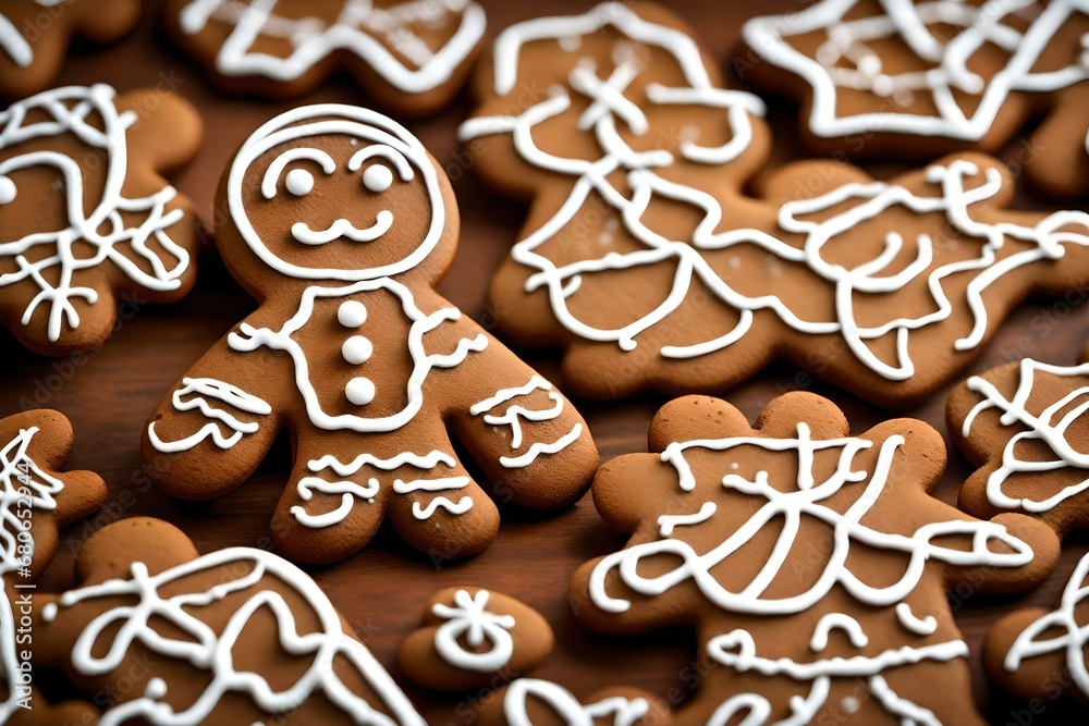 Create a close-up of a gingerbread man with intricate icing details
