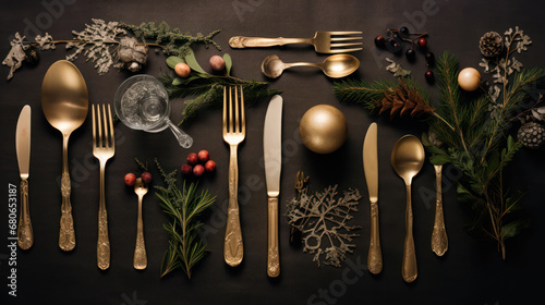  a group of forks, spoons, spoons, and christmas decorations on a black surface with a gold - plated utensil and silverware set.