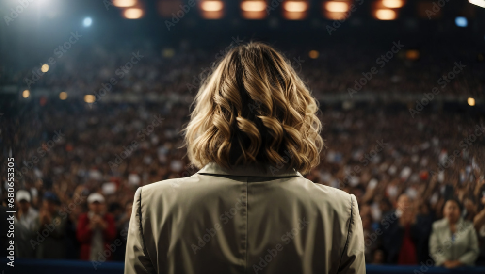 Rear view of female politician during election speech in front of the congress crowd, generative ai illustration Rear view of female politician during election speech in front of the congress crowd, generative ai illustration