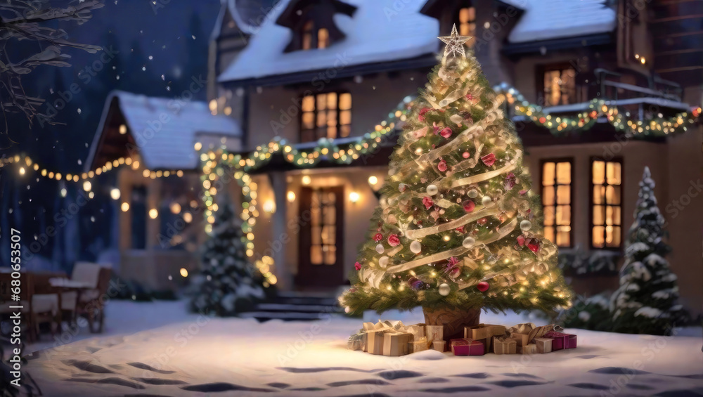 Fairy Christmas tree in courtyard of a cozy house in the background glows with warm fairy lights with golden decor, boxes with gifts. Christmas and New Year, festive mood, greeting card