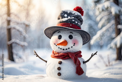 Kind Funny cartoon snowman in a knitted hat and scarf in the yard on the background cozy snow forest. Winter fairy tale, snowfall, snow entertainment, christmas and new year