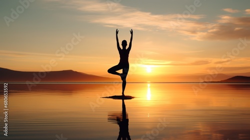  a person doing a yoga pose in the middle of a body of water with the sun setting in the background and a mountain range in the distance in the distance.