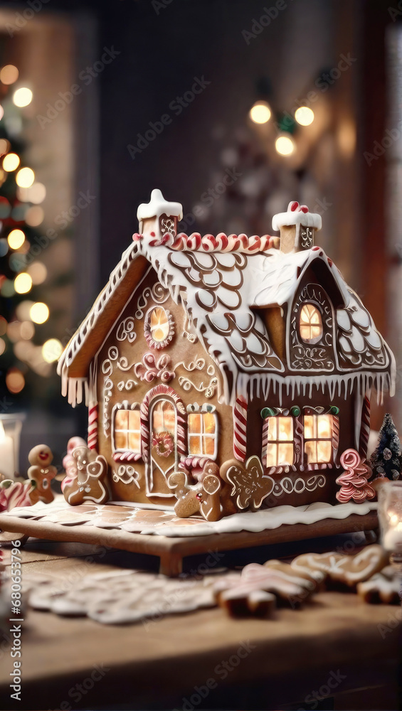 Traditional gingerbread house in a Christmas decor and fairy lights on a New Year's background. Delicious fragrant sweetness, homemade cakes, comfort in the house, home interior Traditional gingerbread house in a Christmas decor and fairy lights on a New Year's background. Delicious fragrant sweetness, homemade cakes, comfort in the house, home interior
