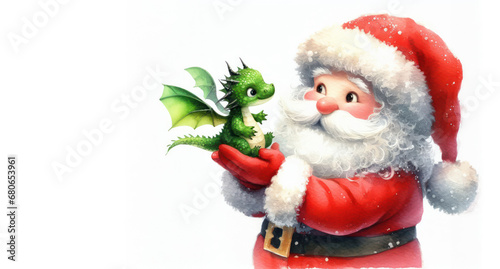Santa Claus with dragon in his hands. Drawing with watercolors. Christmas card concept. Light back