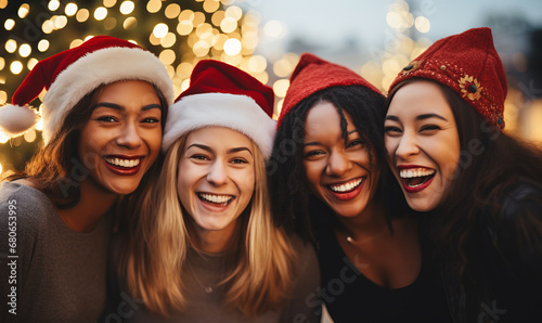 A group portrait of friends celebrating Christmas outdoors festive lights
