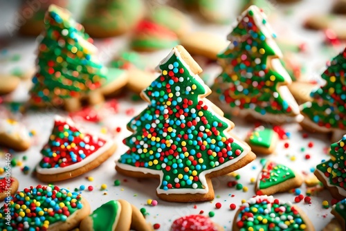 Picture a macro shot of a Christmas tree-shaped cookie covered in colored sprinkles
