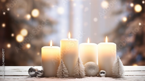 a group of lit candles sitting on top of a table next to a christmas tree and a silver ornament with a silver ornament hanging from it.