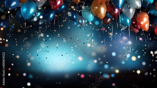 Background made of gel balls, glitter and ribbons. Christmas background. Festive background