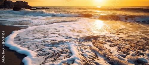Beautiful sunset on a tropical beach. Panoramic photo