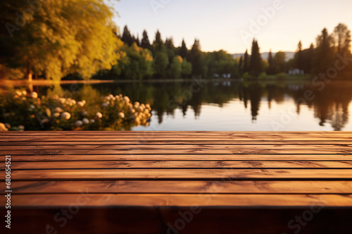 Tranquil Nature Retreat Empty Wooden Table Top Amidst Blurred Nature Background on a Calm Sunny Day. created with Generative AI © photobuay