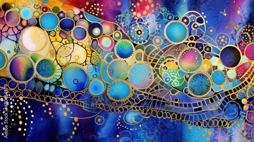  a painting of blue, yellow, purple, and green circles on a blue, yellow, pink, and purple background with circles and dots on the bottom half of the image.