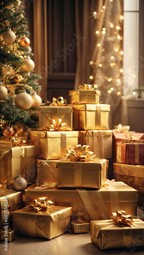 Christmas background with gift boxes with bows in bright gold tones, bokeh and fairy light, Christmas tree in the interior of the house. Festive mood Christmas and New Year, card