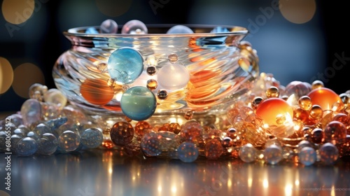  a glass bowl sitting on top of a table next to a bunch of bead balls and a string of lights in front of a glass bowl on a table.