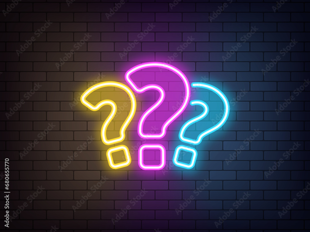 Outline 3 neon questions, colorful icon. Glowing neon question marks, FAQ support, answer searching, questionnaire. Find problem decision. Unknown surprise, secret, mystery. Quest, puzzle and quiz - obrazy, fototapety, plakaty 
