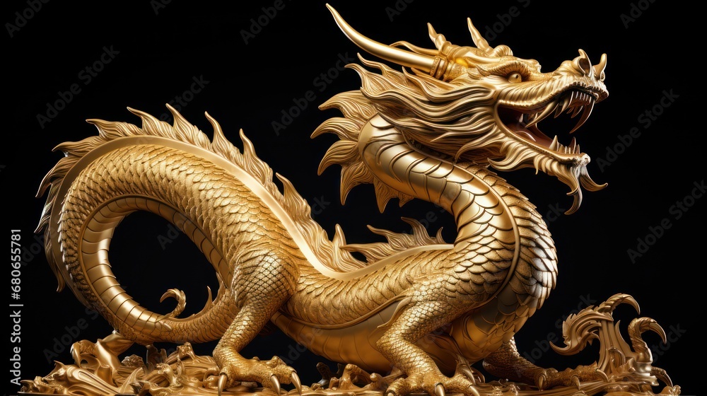 Fototapeta premium a golden dragon statue sitting on top of a pile of gold leafy branches in front of a black background with a dim light shining on it's head.